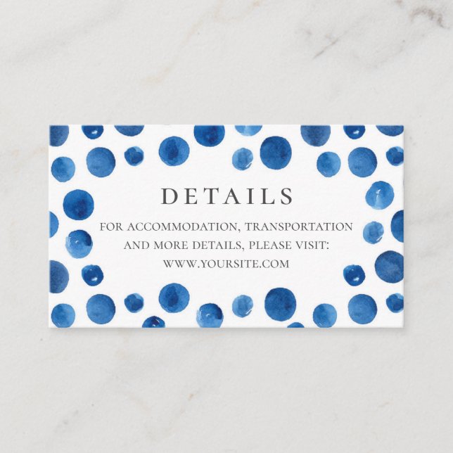Blaue Polka punktet mit Hochzeitsdetails. Wasserfa Begleitkarte (Vorderseite)