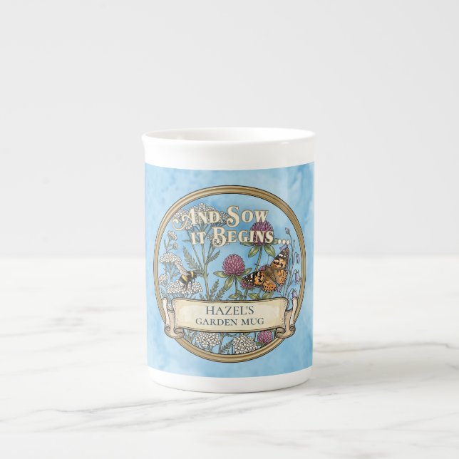 Blaue Pollinator-Garten Bone China Tasse (Vorderseite)