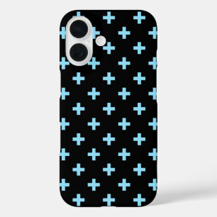 Blaue Pollka-Kreuze auf schwarz iPhone 16 Hülle
