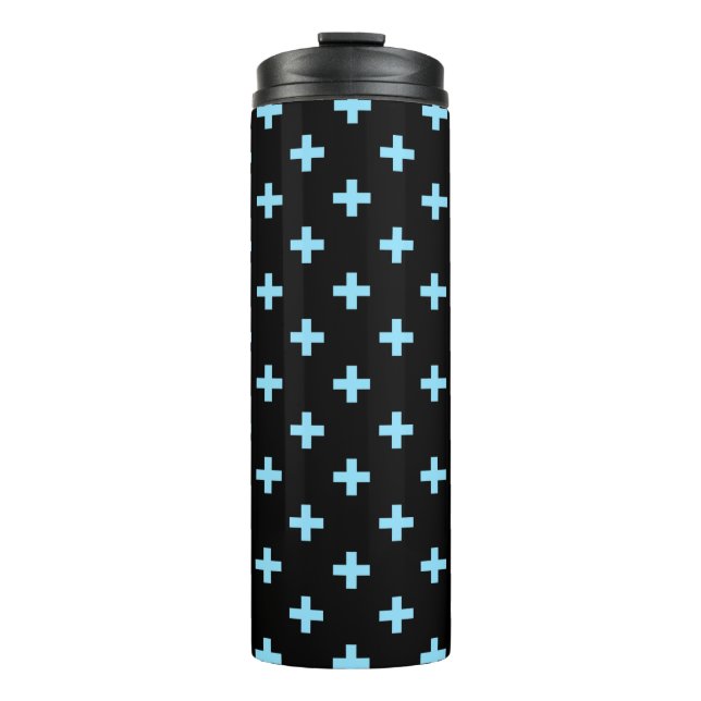 Blaue Pollka-Kreuze auf schwarz Thermosbecher (Vorderseite)