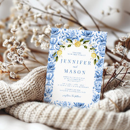 Blaue Porzellanfliesen boho Boccia Hochzeit Einlad Einladung