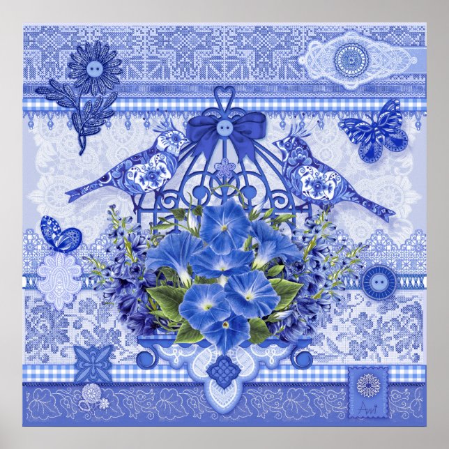 Blaue Porzellanvögel und Birdcage Poster (Vorne)