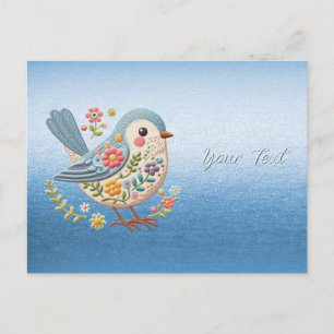 Blaue Postkarte mit floraler Stickerei Kleiner Vog