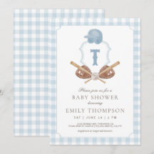 Blaue preppy Baseball-Wappen-Baby-Shower-Einladung