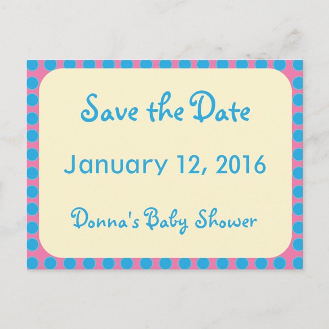 Blaue Punkte auf rosa Save the Date Großdruck Ankündigungspostkarte (Vorderseite)