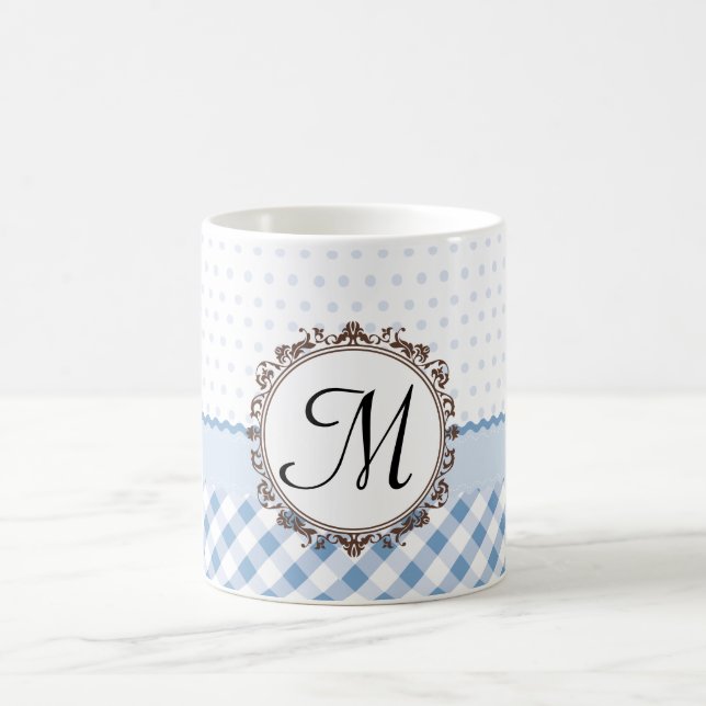 Blaue Punkte, Karos und Streifen mit Monogramm Kaffeetasse (Mittel)