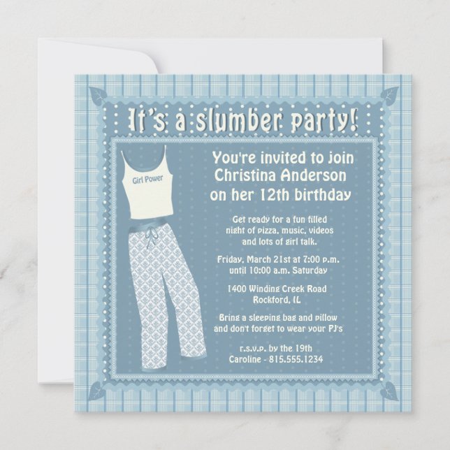 Blaue Pyjama-Schlummer-Party Einladung (Vorderseite)