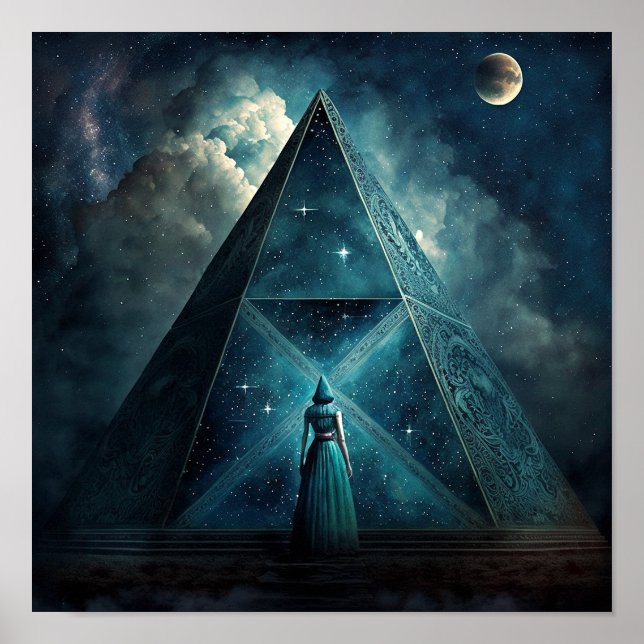 Blaue Pyramide Surreale Visionäre Kunst Poster (Vorne)