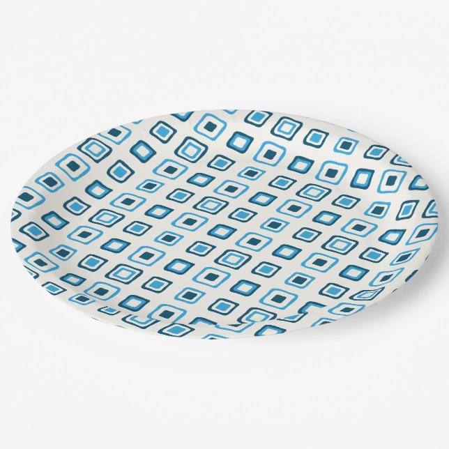 Blaue Quadrate auf blauen Plätzen Pappteller (Schrägansicht)