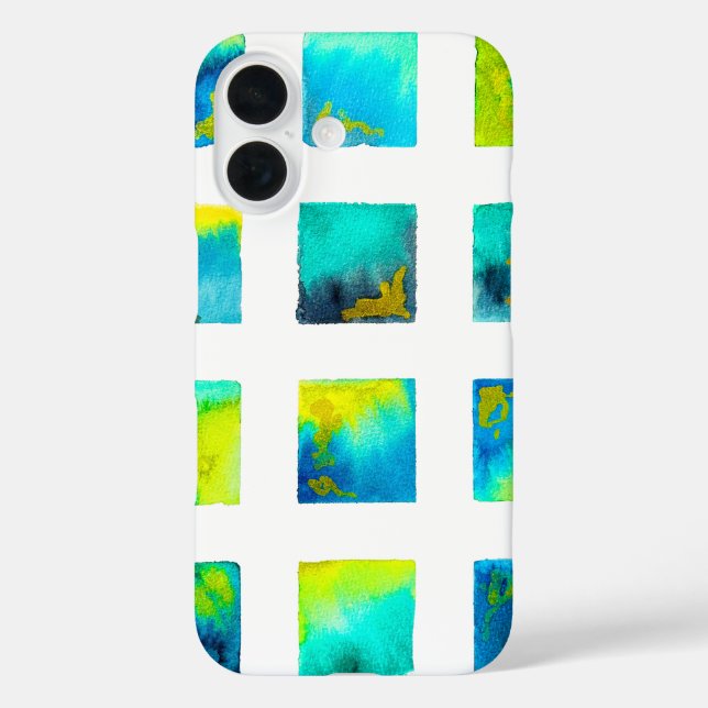 Blaue Quadrate Wasserfarbe abstrakt iPhone 16 Hülle (Rückseite)