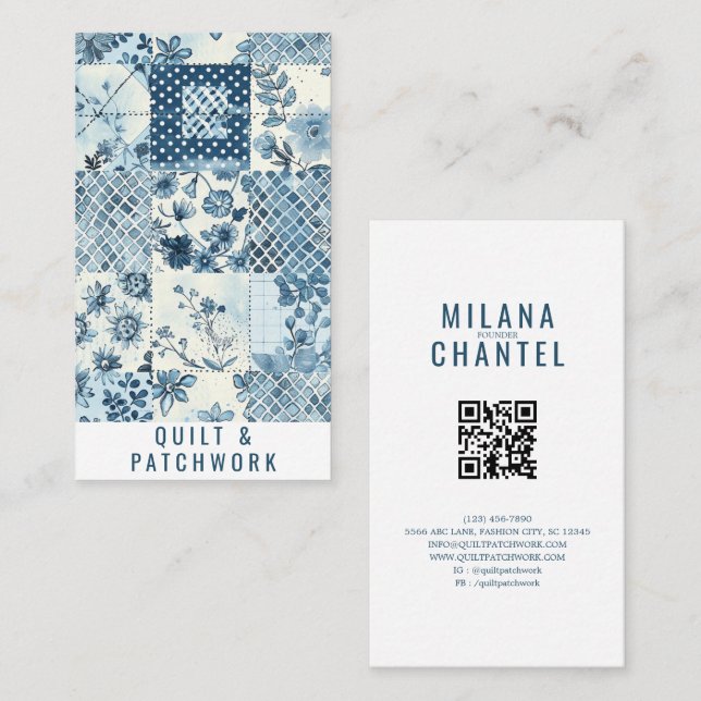 Blaue Quilt-Patchwork-Handmade-Kleidung Visitenkarte (Vorne/Hinten)