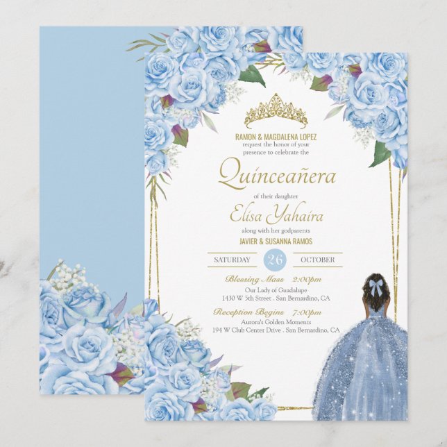 Blaue Quinceanera Rose Piazza della Riforma Einladung (Vorne/Hinten)