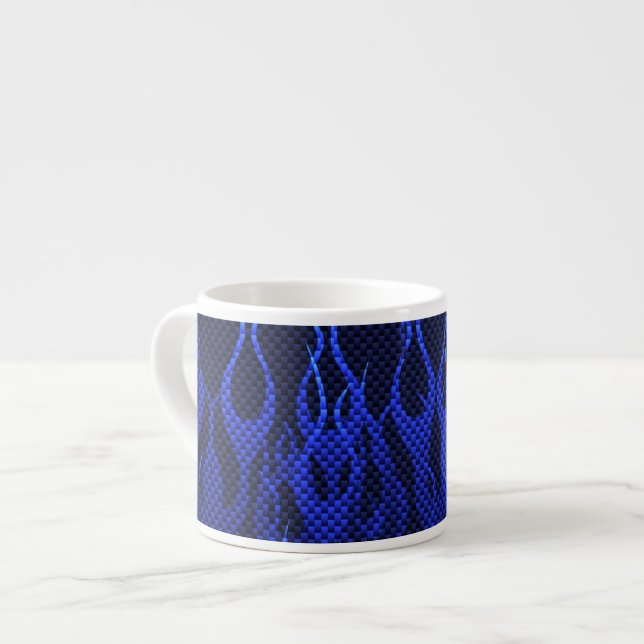 Blaue Racing Flammen auf Carbon Fibre Print Espressotasse (Vorderseite Links)