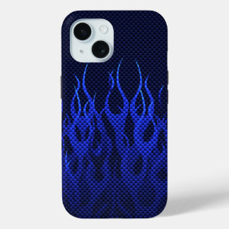 Blaue Racing Flammen auf Carbon Fibre Print iPhone 15 Hülle