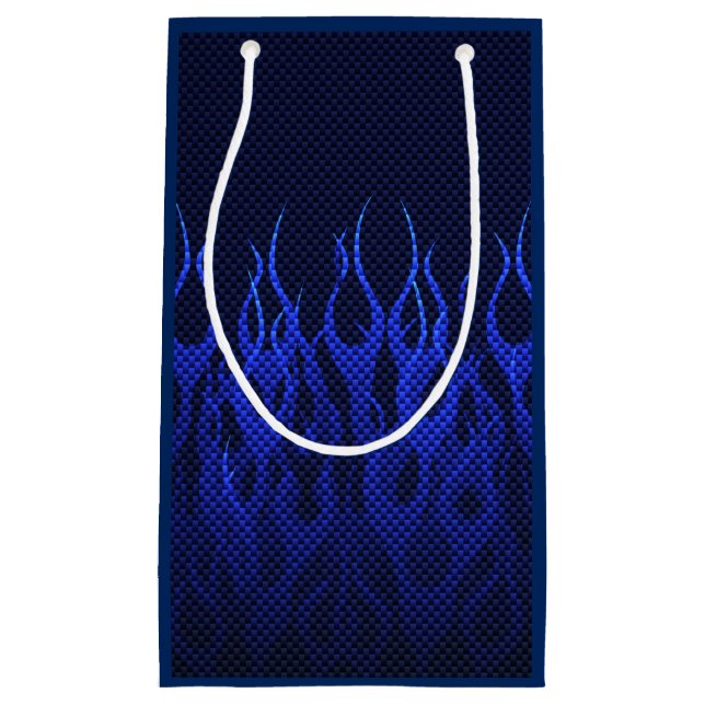 Blaue Racing Flammen auf Carbon Fibre Print Kleine Geschenktüte (Vorderseite)
