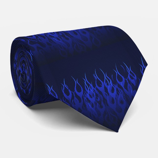 Blaue Racing Flammen auf Carbon Fibre Print Krawatte (Gerollt)
