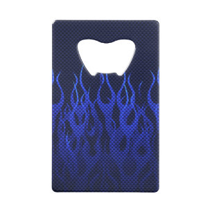 Blaue Racing Flammen auf Carbon Fibre Print Kreditkartenflaschenöffner