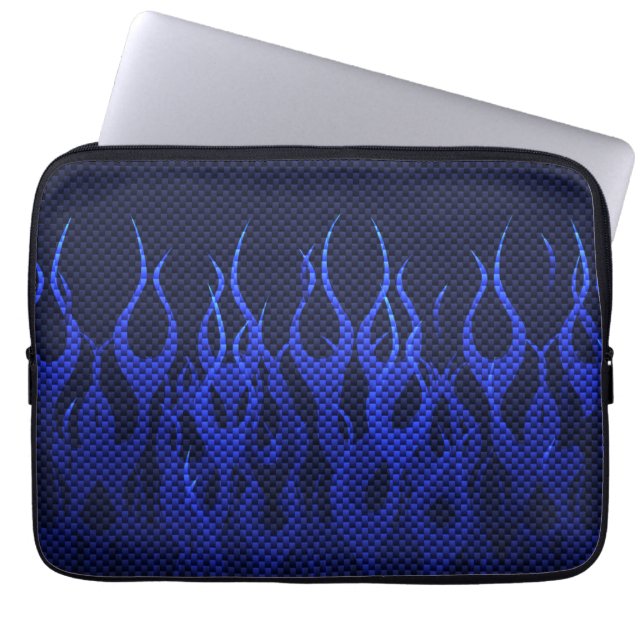 Blaue Racing Flammen auf Carbon Fibre Print Laptopschutzhülle (Vorderseite)