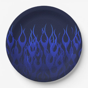 Blaue Racing Flammen auf Carbon Fibre Print Pappteller
