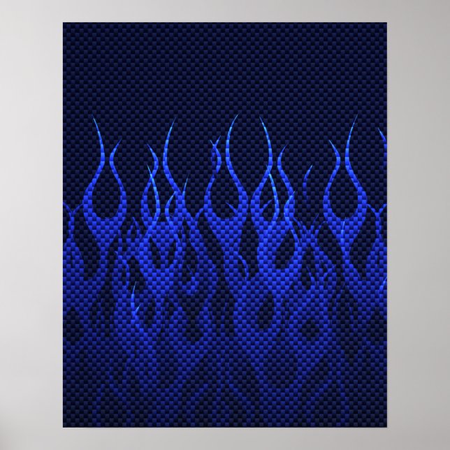 Blaue Racing Flammen auf Carbon Fibre Print Poster (Vorne)