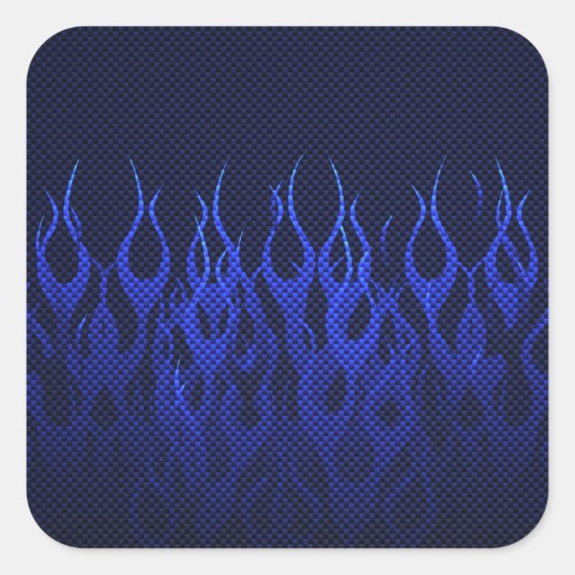 Blaue Racing Flammen auf Carbon Fibre Print Quadratischer Aufkleber (Vorderseite)