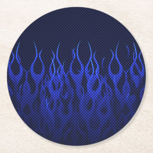 Blaue Racing Flammen auf Carbon Fibre Print Runder Pappuntersetzer