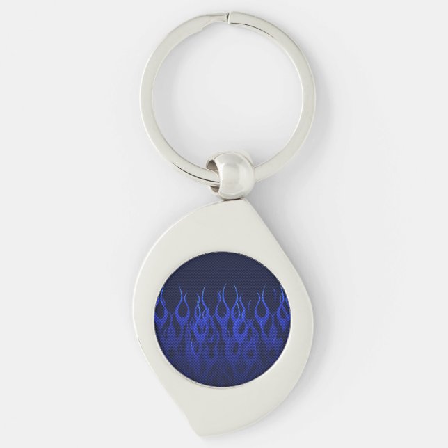 Blaue Racing Flammen auf Carbon Fibre Print Schlüsselanhänger (Vorderseite)