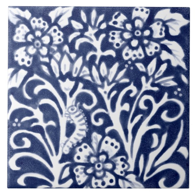 Blaue Raupe der Blume Floral Delft Fliese (Vorderseite)