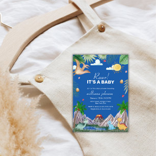 Blaue Rawr-Vulkan-Berg-Dinosaurier-Baby-Party Einladung