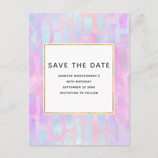 Blaue Rechteck-Formen Save the Date auf rosa Einladungspostkarte (Vorderseite)