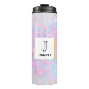 Blaue Rechteckformen auf rosa Hintergrund Monogram Thermosbecher