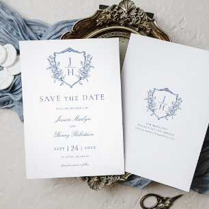 Blaue Regency-Blumen-Wappen-Monogramm-Hochzeit  Save The Date