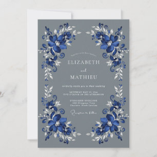 Blaue reiche Blumenromanze Hochzeit Einladung
