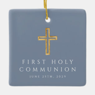 Blaue religiöse Kreuz-Erstkommunion-Foto Keramikornament