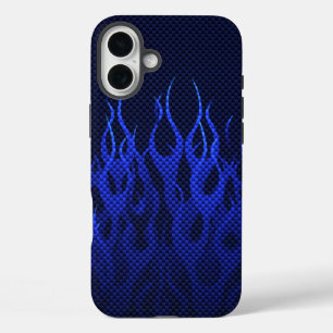 Blaue Rennflammen auf Kohlefaserdruck iPhone 16 Plus Hülle