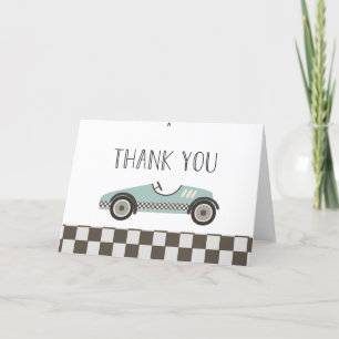 blaue Rennwagen-Baby-Party Dankeskarte