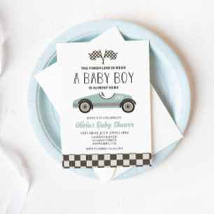 blaue Rennwagen-Baby-Party Einladung