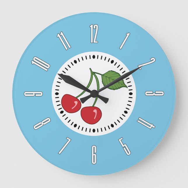 Blaue Retro Kirsche Große Wanduhr (Vorderseite)