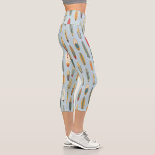 Blaue Retro-Küsten-Surfbrett-Grafik Strand-Yoga Capri Leggings