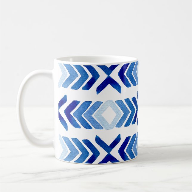 Blaue Rhombus-Pfeile Wasserfarbmuster Kaffeetasse (Links)