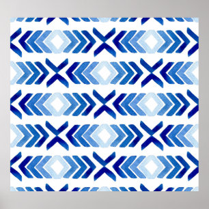 Blaue Rhombus-Pfeile Wasserfarbmuster Poster