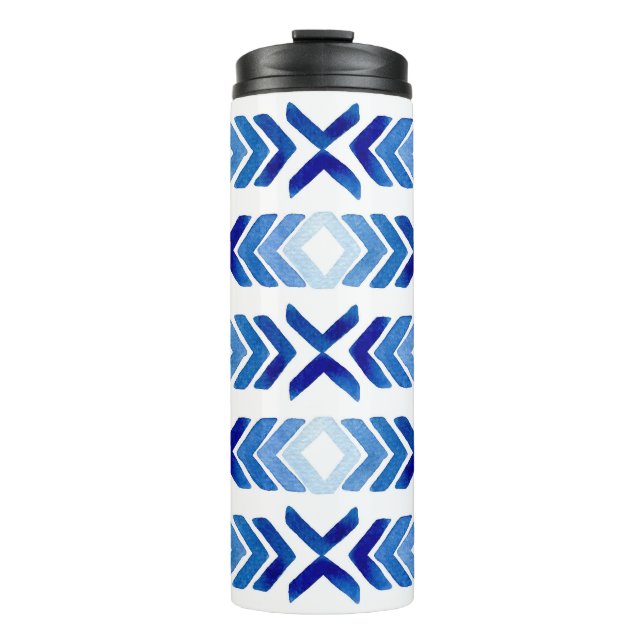 Blaue Rhombus-Pfeile Wasserfarbmuster Thermosbecher (Vorderseite)