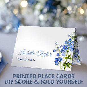 Blaue Rittersporn-Blumen-Hochzeitsplatzkarten nach Tischnummer