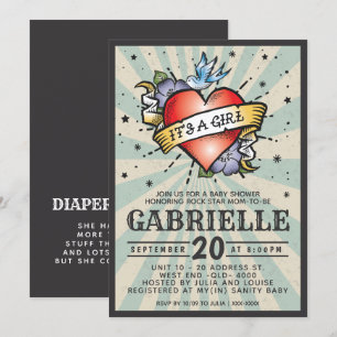 Blaue Rock and Roll Tattoo-Baby-Shower-Einladung Einladung
