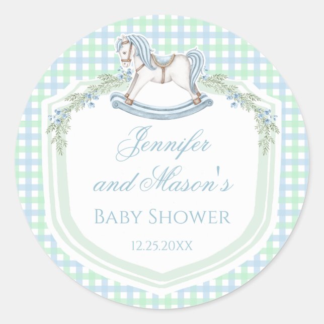 Blaue Rockpferde Gingham Babydusche Runder Aufkleber (Vorderseite)