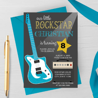 Blaue Rockstar-Geburtstagsfeier Einladung