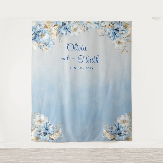 Blaue Romantik Blumen mit Gold Wandteppich (Vorderseite)