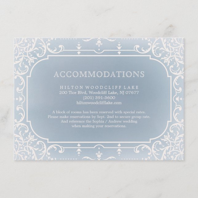 Blaue romantische Hochzeitsunterkunft im Vintage Begleitkarte (Vorderseite)