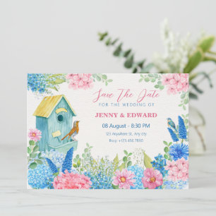 Blaue rosa Blumen Vogel Hochzeit Save The Date