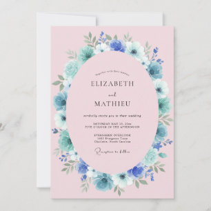 Blaue rosa Blumenhochzeit Romantik Einladung
